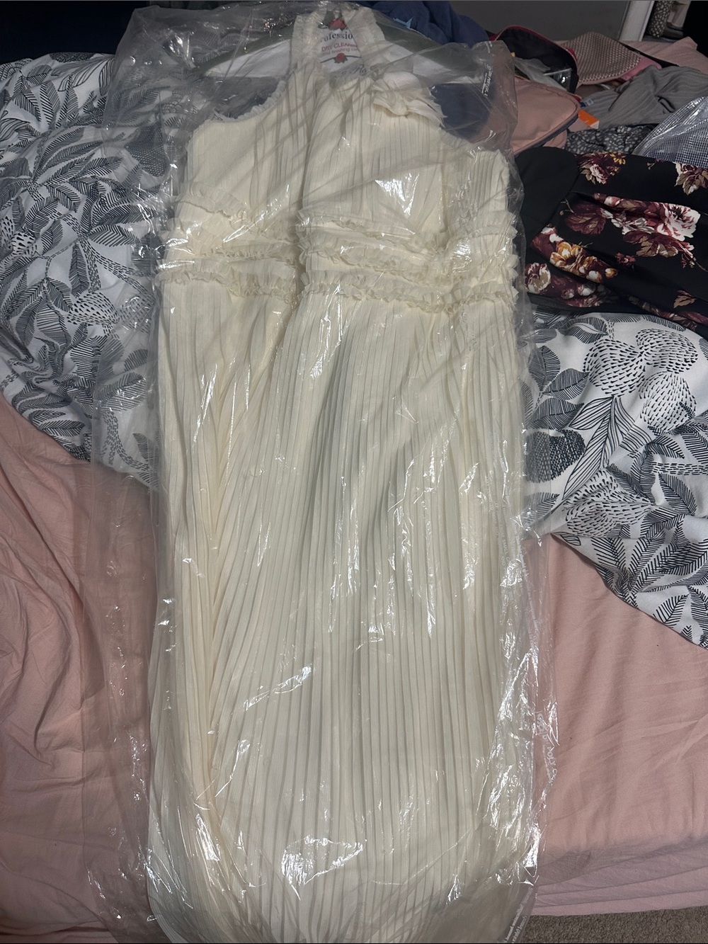 JS Collections Ivory Pleated Backless Halter Maxi Dress